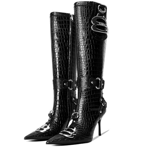LACIKOSZ Black Knee High Crocodile Boots for Women Pointed Toe Slim Calf Sexy Stiletto High Heel Long Tall Boots with Slide Zipper Buckle Rivets | Amazon (US)