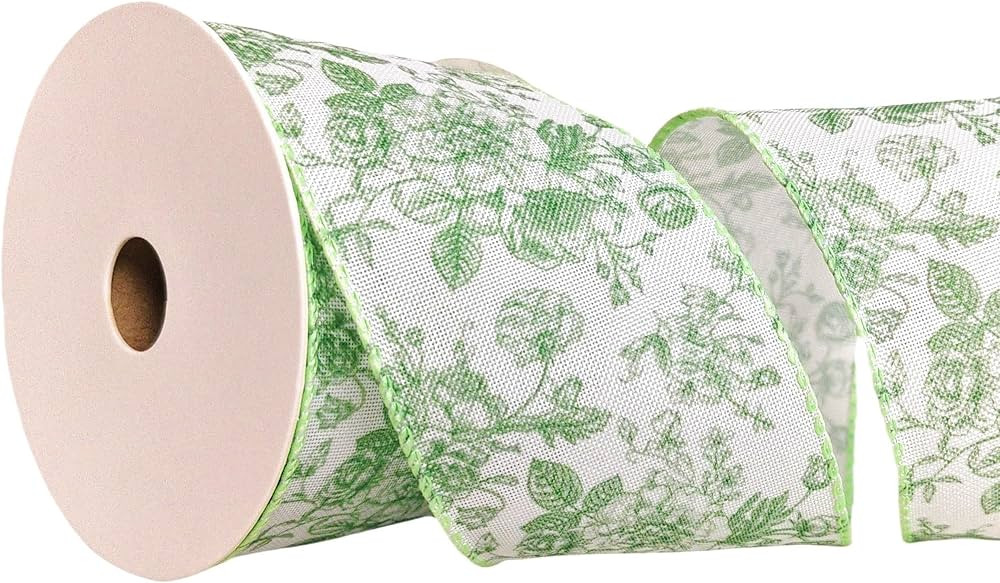 Green Floral Wired Ribbon 2.5 Inch Chinoiserie Vintage Flower Decorative Fabric White and Green R... | Amazon (US)