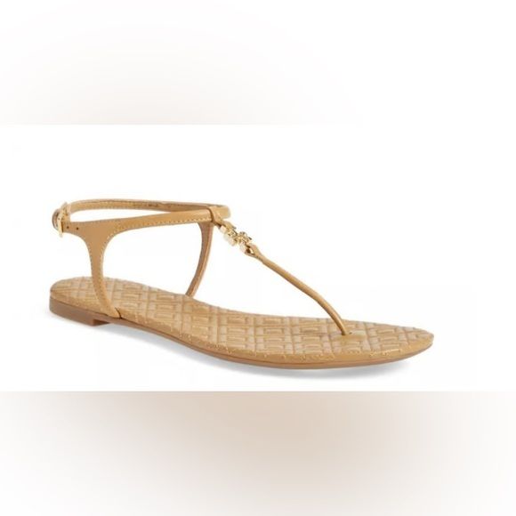 Tory Burch T Strap Tan Leather‎ Sandals with Quilted Cushion Sole sz 8.5 | Poshmark