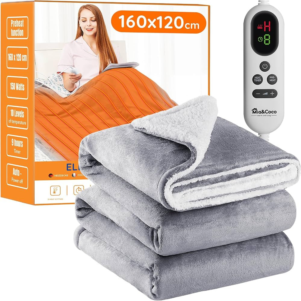 Mia&Coco Electric Heated Blanket Throw Flannel Sherpa Fast Heating 120x160cm, 10 Heat Levels & Up-to-9-Hours Auto-Off Timer & LED Display, for Home Office Use, Machine Washable, ETL Certified, Grey | Amazon (UK)