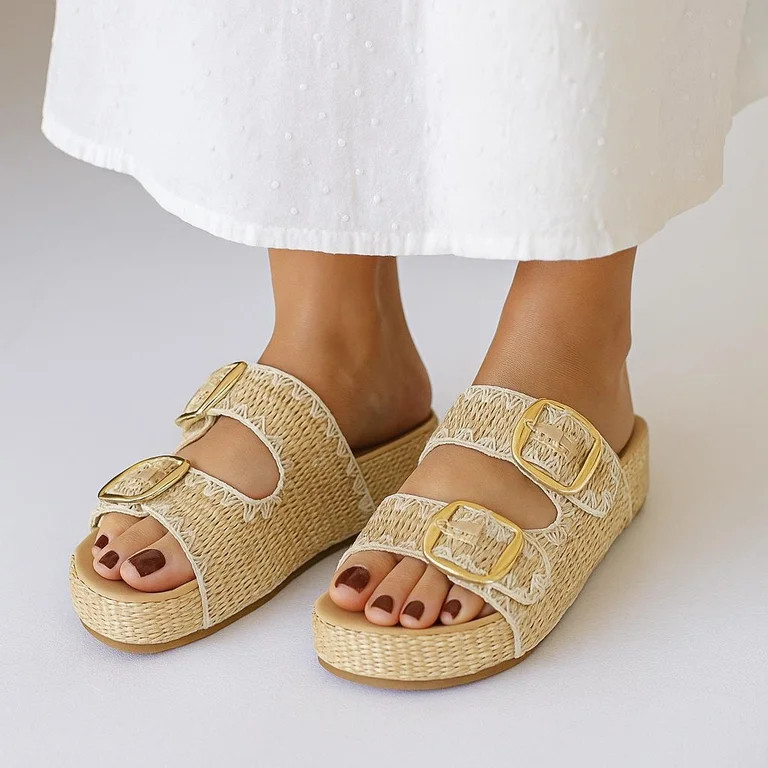 Cushionaire Panama Women's Raffia Platform Sandals | Casual Slip-On Lightweight Summer Slide Sand... | Walmart (US)