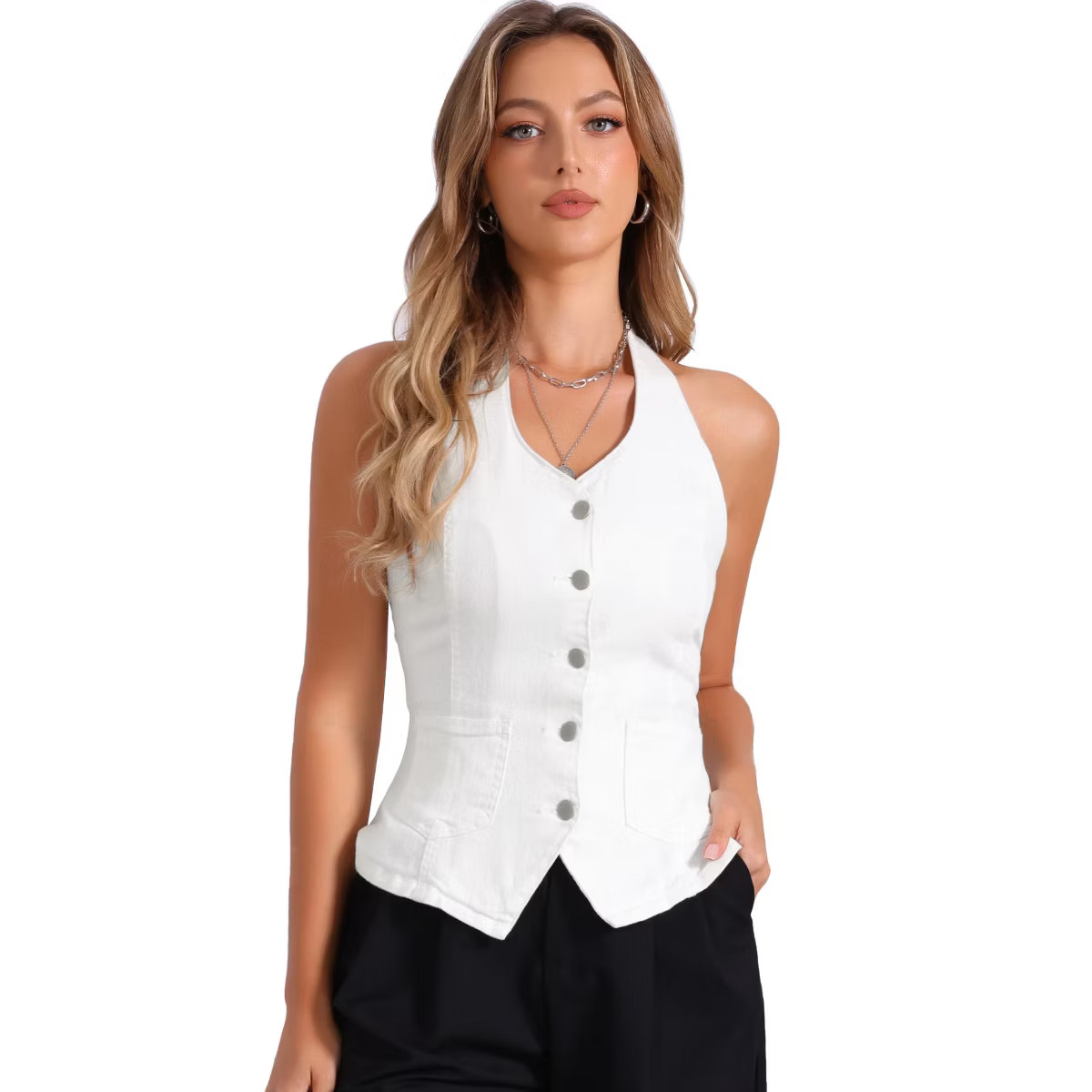 INSPIRE CHIC Women's Denim Halter Neck Button Down Backless Jean Vest White Large | Target