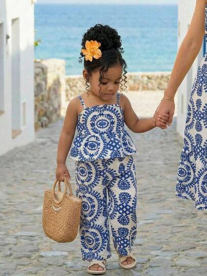 SHEIN 2pcs Baby Girls Vintage Style Printed Camisole Top And Pants Set Mommy And Daughter Matchin... | SHEIN