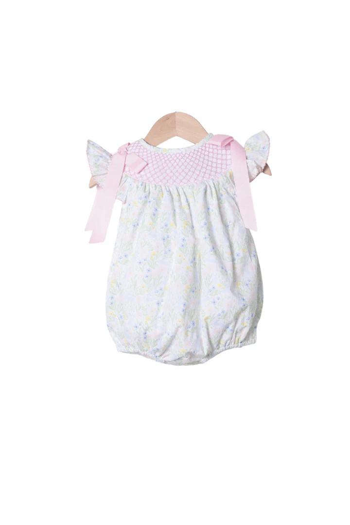 Smocked Sweet Bunny Floral Scalloped Bishop Bubble | The Smocked Flamingo