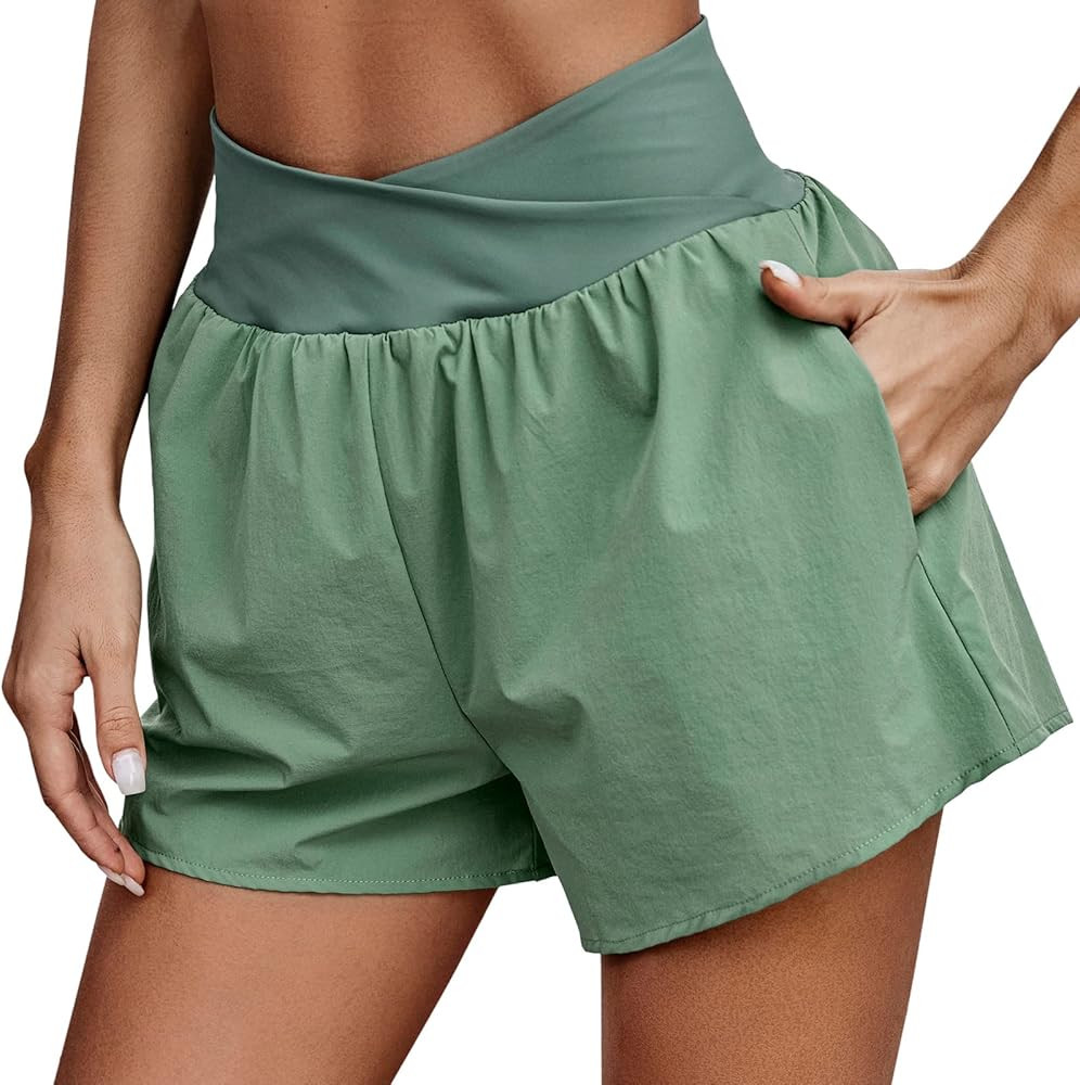 Angashion Womens Shorts, Summer Casual High Waisted Running Shorts Side Pockets Athletic Shorts with | Amazon (US)