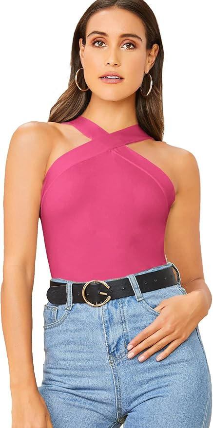 Verdusa Women's Casual Crisscross Sleeveless Form Fitting Tank Halter Top | Amazon (US)