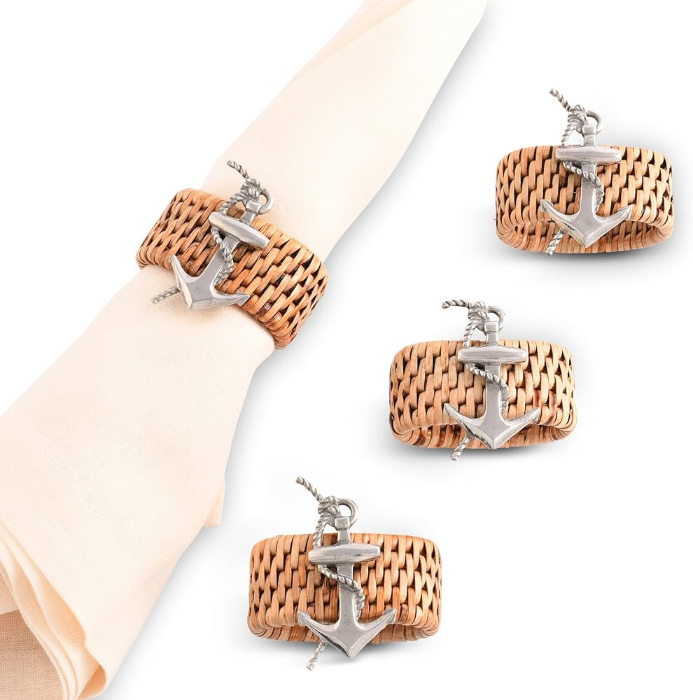 Vagabond House Pewter Anchor Oval Rattan Napkin Rings, Woven Wicker, Natural Eco-Friendly Coastal... | Amazon (US)