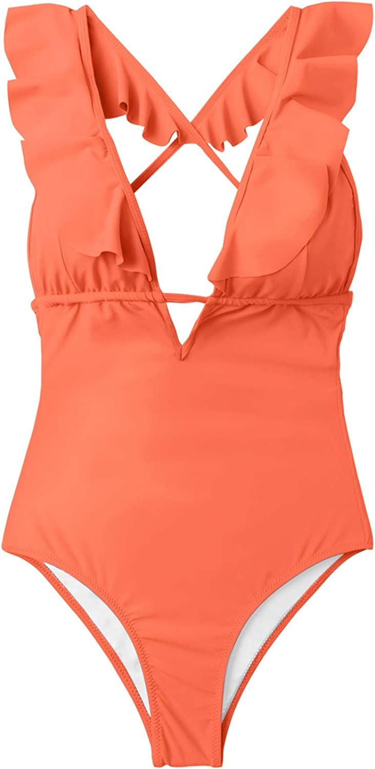 CUPSHE Women's One Piece Swimsuit Ruffle Deep V Neck Strappy Swimwear Bathing Suits | Amazon (US)