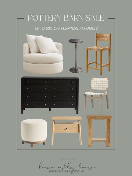 Pottery Barn has select furniture pieces up to 50% off right now including all of these! I love this lounge swivel chair, and we have these swivel ottomans and love them! Beautiful dining chairs and side tables too. 

#LTKhome #LTKstyletip #LTKsalealert