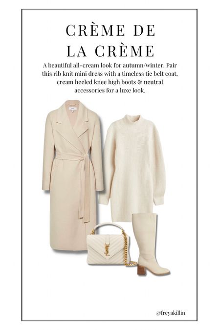 A beautiful all-cream look for autumn/winter. Pair this rib knit mini dress with a timeless tie belt coat, cream heeled knee high boots & neutral accessories for a luxe look.

#LTKSeasonal #LTKeurope #LTKstyletip