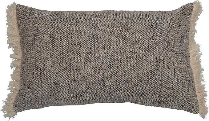Creative Co-Op Woven Cotton Lumbar Chambray Back & Fringe Pillow, Black & Cream | Amazon (US)