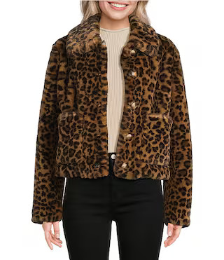 Leopard Faux Fur Collared Neck Long Sleeves Gold Button Front Coat | Dillard's