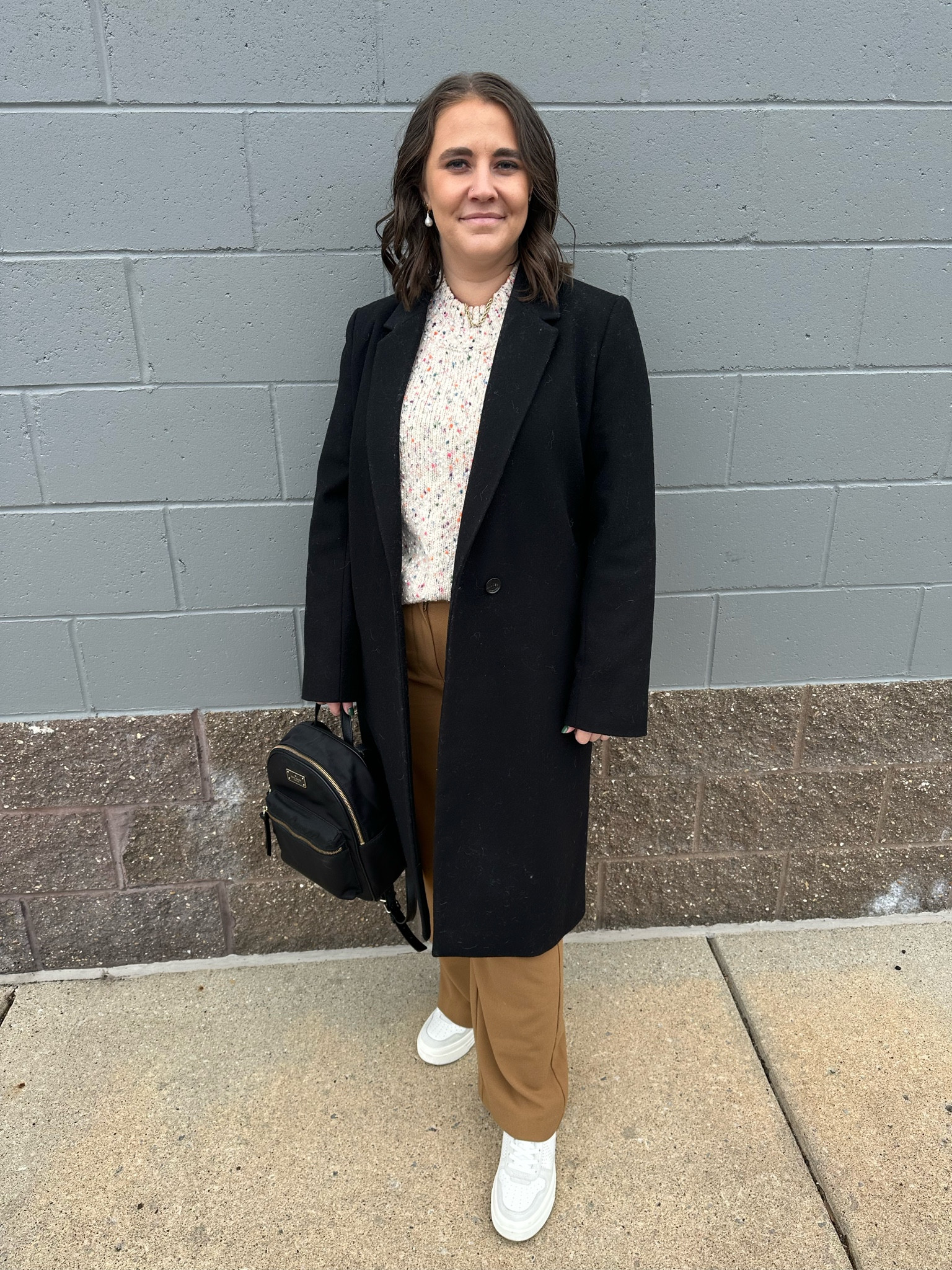 Is this outfit too cool for me?! Confetti sweater, Aritzia wool coat, wide leg trousers, platform sneakers. Air Force 1 look alike for business casual girlies! #sneakers #trendy #chic #workwear

#LTKworkwear #LTKfindsunder100 #LTKmidsize