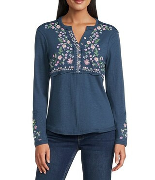 Sedona Jersey Knit V-Neck Long Sleeve Embroidered Henley Top | Dillard's
