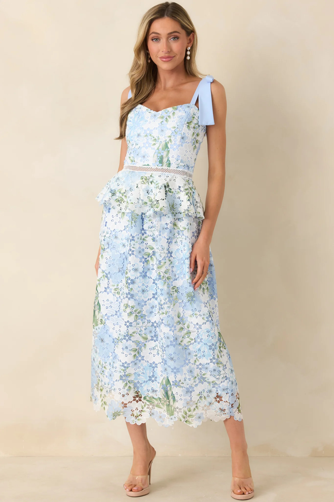 Remembering Spring Light Blue Lace Floral Midi Dress | Red Dress