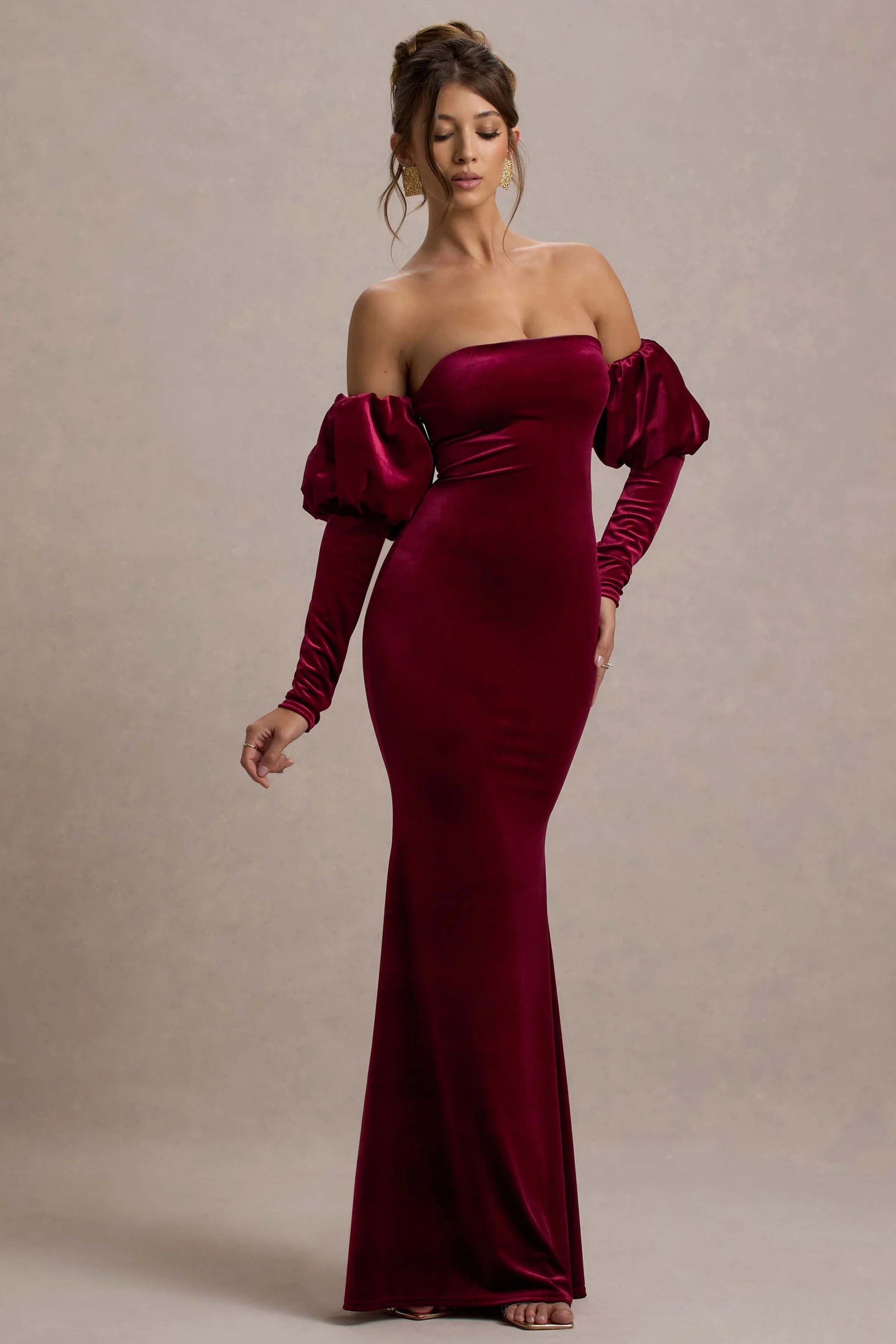 Neoma  Berry Velvet Bardot Puff-Sleeve Maxi Dress | Club L London