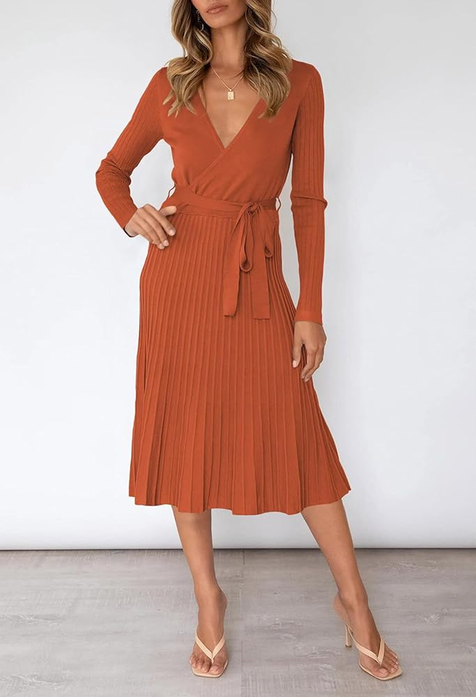 Pink Queen Women's Wrap Sweater Dress V Neck Long Sleeve Ribbed Swing Knit Midi Dresses with Belt | Amazon (US)