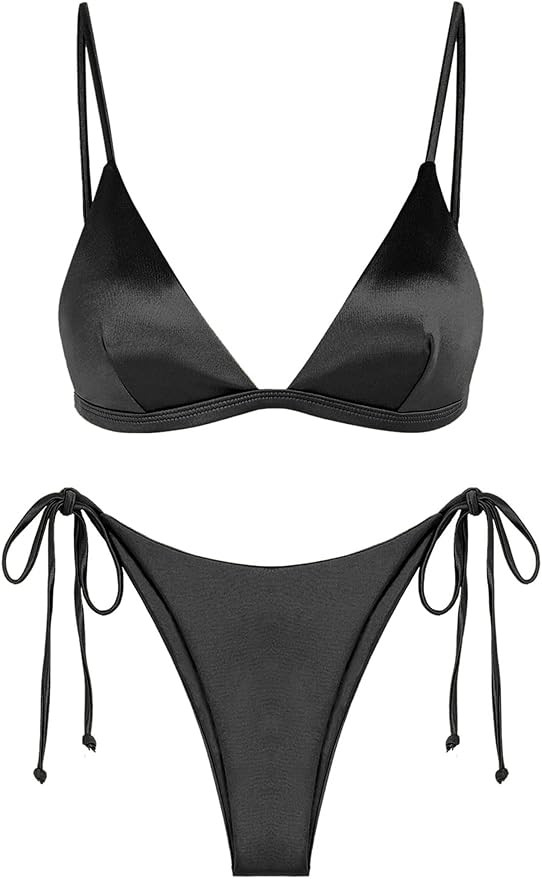ZAFUL Women's Shiny Silky Bikini Sets Sexy Triangle Two Piece Swimsuit 2024 Tie Side Thong High C... | Amazon (US)
