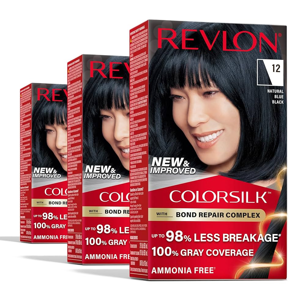 Revlon ColorSilk with Bond Repair Complex, Black Permanent Hair Color, 100% Gray Coverage, Ammonia Free Hair Dye, Vegan Keratin, 12 Natural Blue Black (Pack of 3) | Amazon (US)