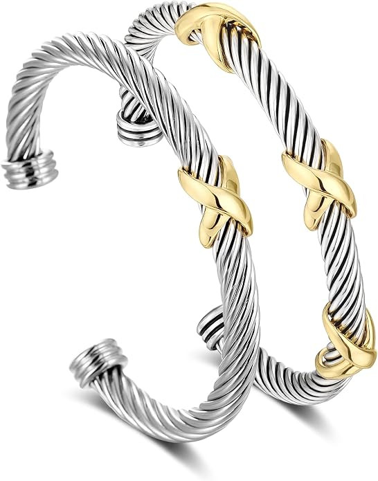 2PCS Twisted Cable Cuff Bracelet Set Fashion Two Tone Adjustable Bracelet Gold and Silver Bangle ... | Amazon (US)