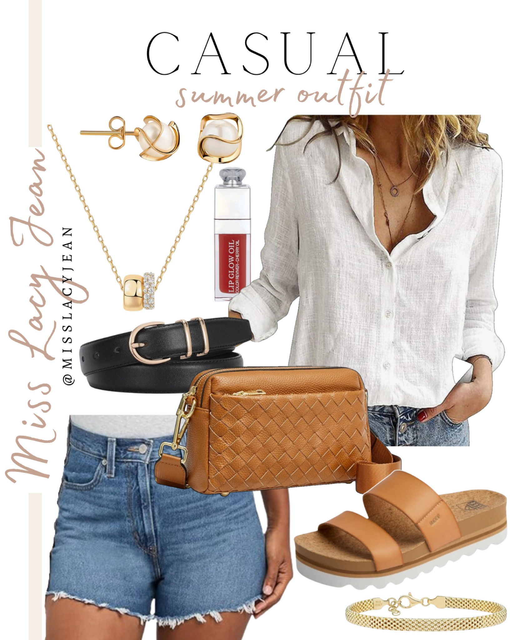 Casual summer outfit includes crossbody bag, denim shorts, linen top, belt, slide sandals, lip oil, gold pear earrings, and gold necklace.

Casual outfit, summer outfit, Amazon finds, looks for less

#LTKStyleTip #LTKShoeCrush #LTKFindsUnder50