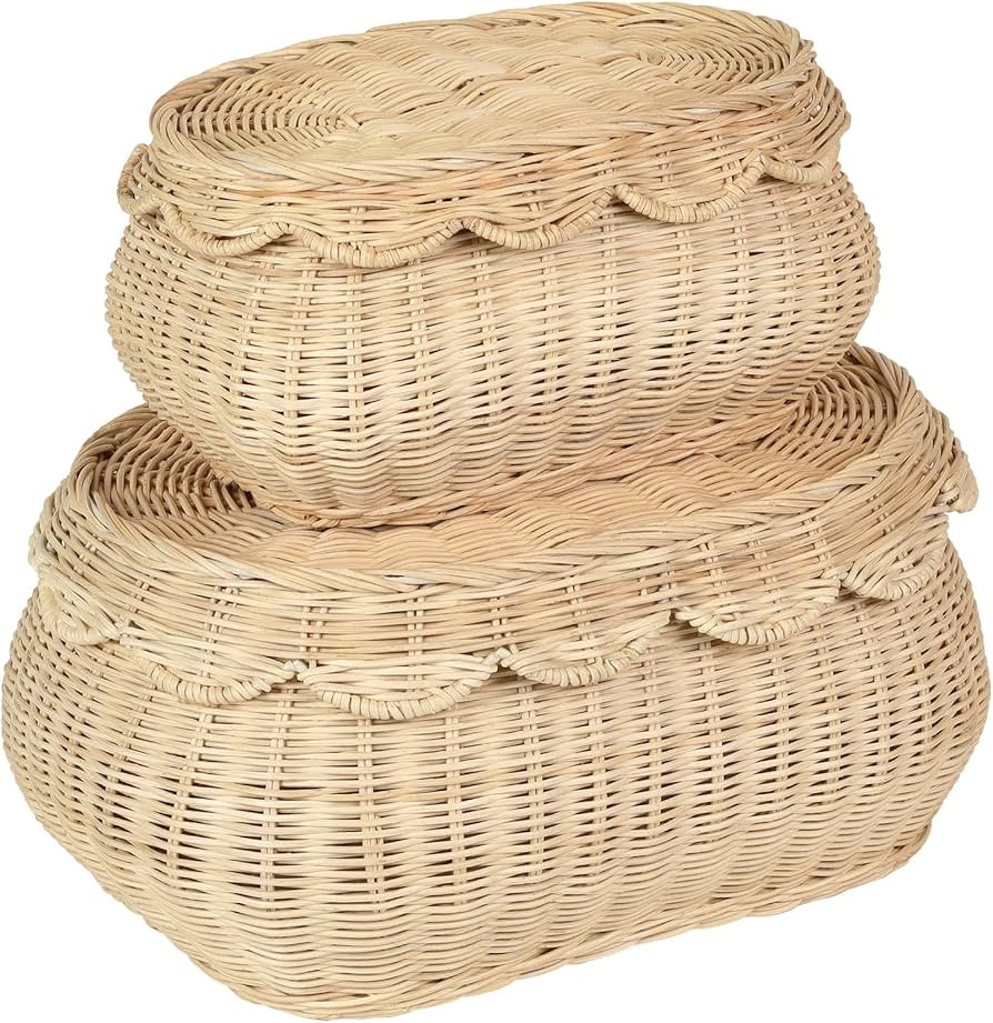 2Pcs Scalloped Baskets, Hand Woven Rattan Baskets with Lid, Small Scalloped Baskets, Wicker Stora... | Amazon (US)