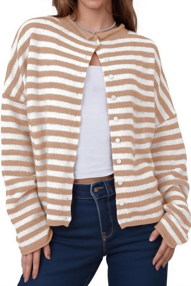 Womens Striped Cardigan Sweaters Casual Trendy Open Front Long Sleeve Button Down Lightweight Kni... | Amazon (US)