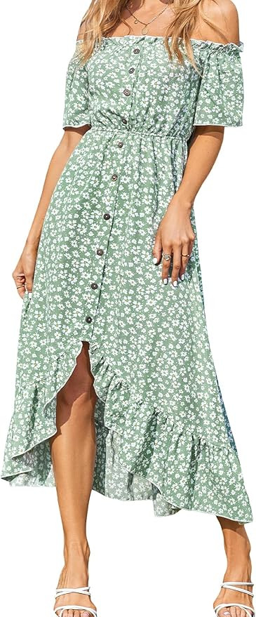 CUPSHE Dress for Women Maxi Dresses Off Shoulder Ditsy Floral Print Short Sleeve Frill A Shape Dr... | Amazon (US)