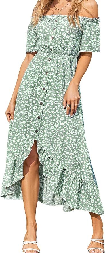 CUPSHE Dress for Women Maxi Dresses Off Shoulder Ditsy Floral Print Short Sleeve Frill A Shape Dr... | Amazon (US)