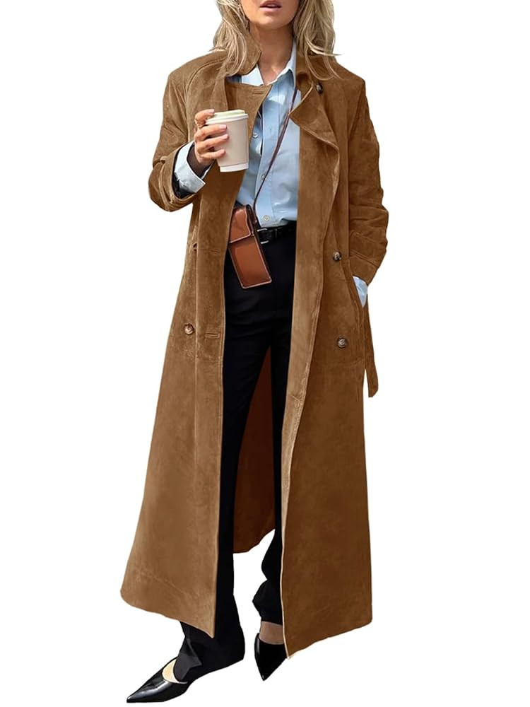 Tankaneo Womens Long Trench Coat Fall Faux Suede Jackets Double Breasted Lapel Pea Coat with Belt | Amazon (US)