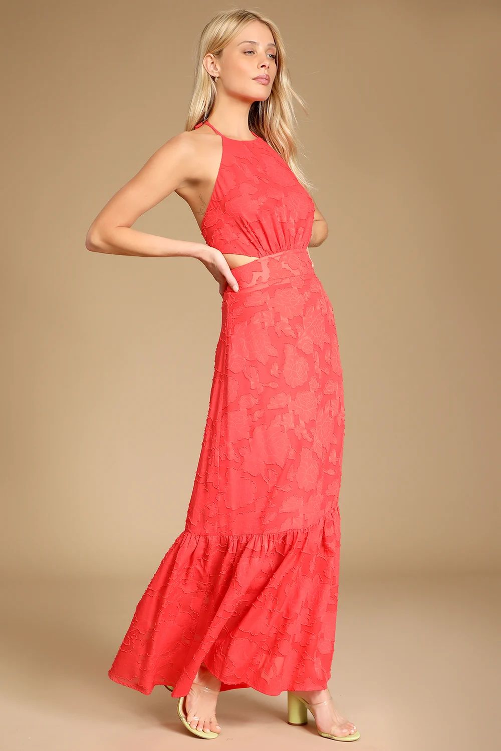 Touch of Elegance Coral Floral Burnout Halter Maxi Dress | Lulus (US)