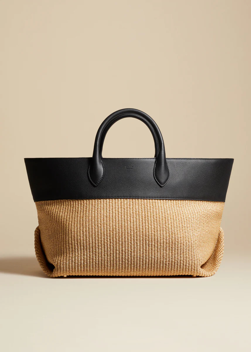 The Medium Amelia Tote in Natural Raffia and Black Leather | Khaite
