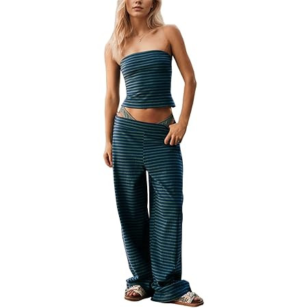 Womens Striped Pant Sets 2 Piece Strapless Tube Top and Wide Leg Pants Summer Casual Beach Outfit... | Amazon (US)