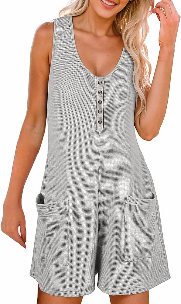 AlvaQ Womens Short Jumpsuits Solid Color Summer Casual Waffle Button Front Sleeveless Rompers wit... | Amazon (US)