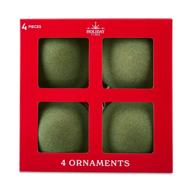 Sage Green Flocked Shatterproof Ball Christmas Ornaments, 4 Count, by Holiday Time | Walmart (US)