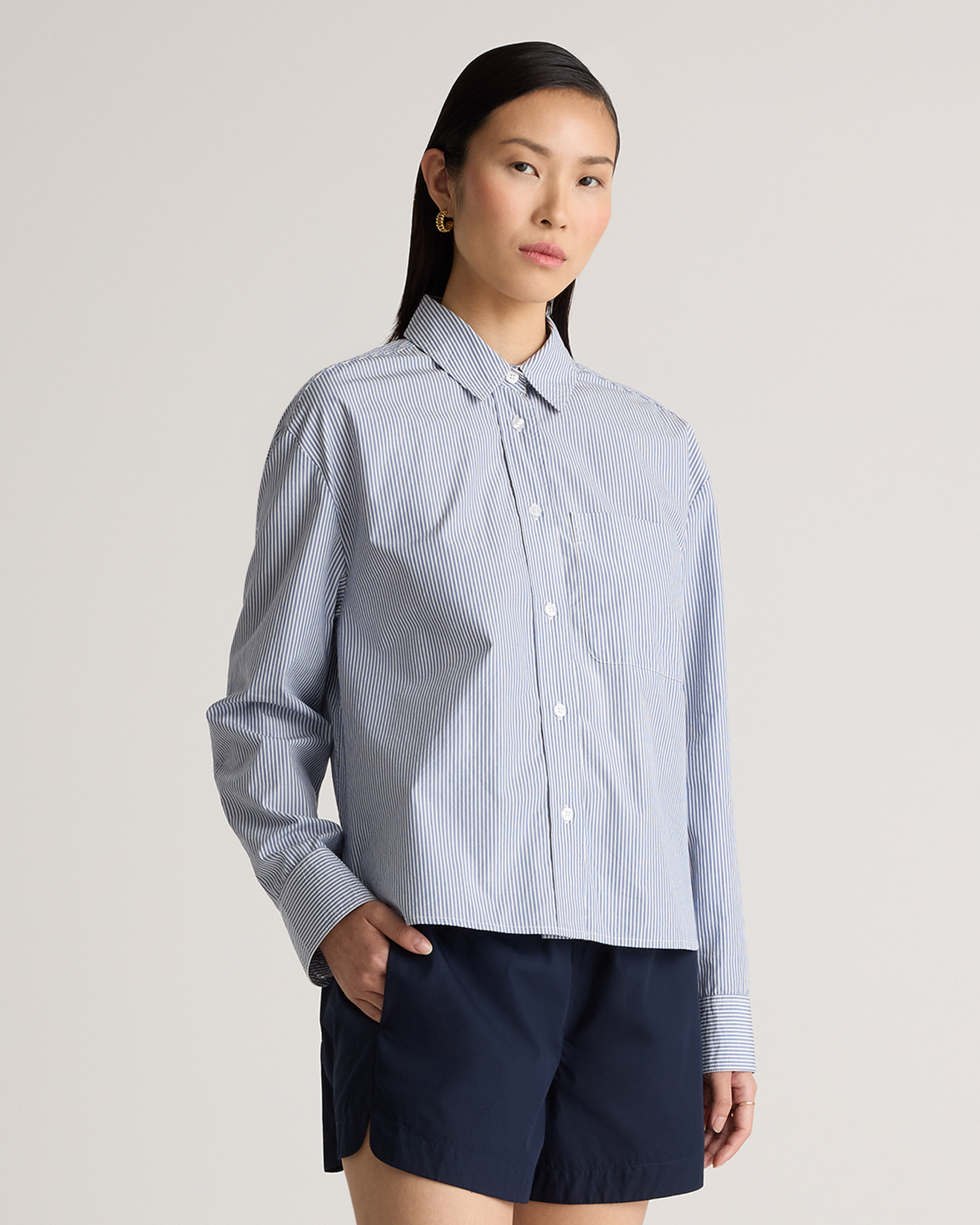Quince | Women's Poplin Cropped Long Sleeve Shirt in Light Blue Stripe, Size XS, Organic Cotton | Quince