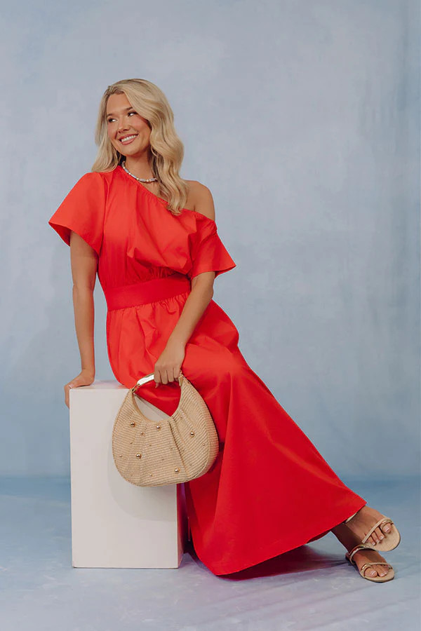 Soho Evening Asymmetrical Poplin Maxi Dress in Scarlet | Impressions Online Boutique