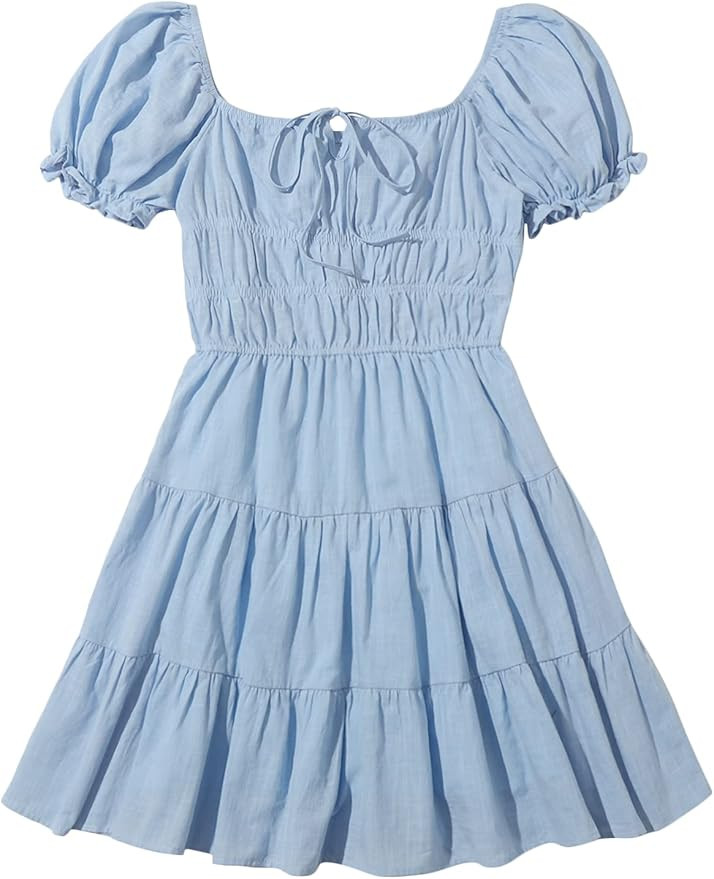 SheIn Women's Short Puff Sleeve Ruched Mini A Line Dress Ruffle Tie Front Square Neck Short Dress... | Amazon (US)