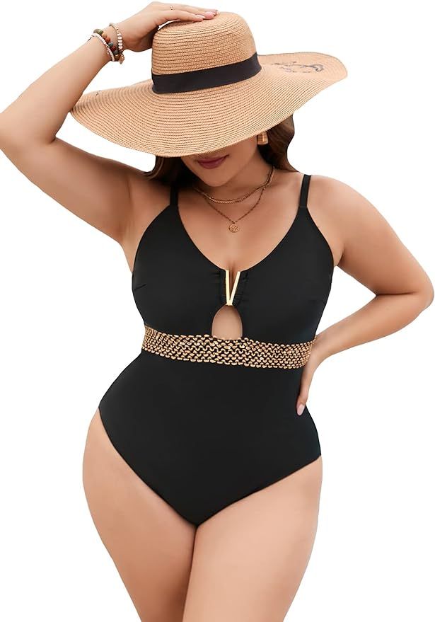 MakeMeChic Women's Plus Size Bathing Suit Stitch Detail Cut Out One Piece Swimsuit | Amazon (US)