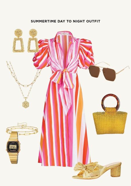 Perfect summer outfit for date night or wedding guest outfit. Not too casual. Not too formal. Pink striped dress with gold accents and the retro Casio digital watch and gold aviator sunglasses. This entire summer outfit is from Amazon but the dress is a luxury item. Gotta love a high low ootd. #founditonamazon #amazonfashion #womensstyle funky unique outfit 

#LTKfindsunder50 #LTKparties #LTKfindsunder100
