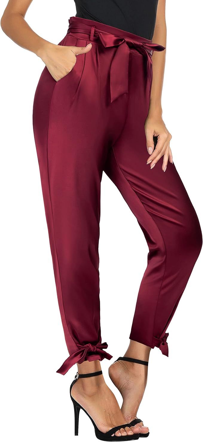 GRACE KARIN Women's Satin Pants High Waist Cropped Pencil Pants with Bow Knot | Amazon (US)