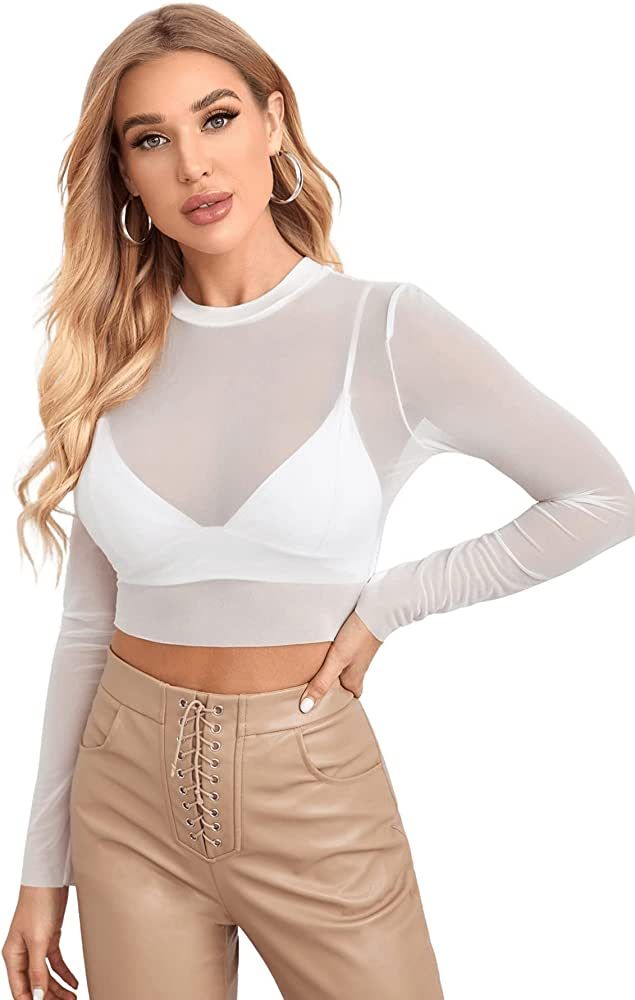 SweatyRocks Women's See Through Shirts Basic Long Sleeve Sheer Mesh Crop Tops | Amazon (US)