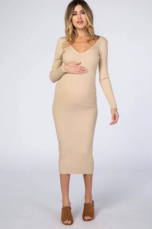 Taupe V-Neck Long Sleeve Fitted Maternity Maxi Dress | PinkBlush Maternity