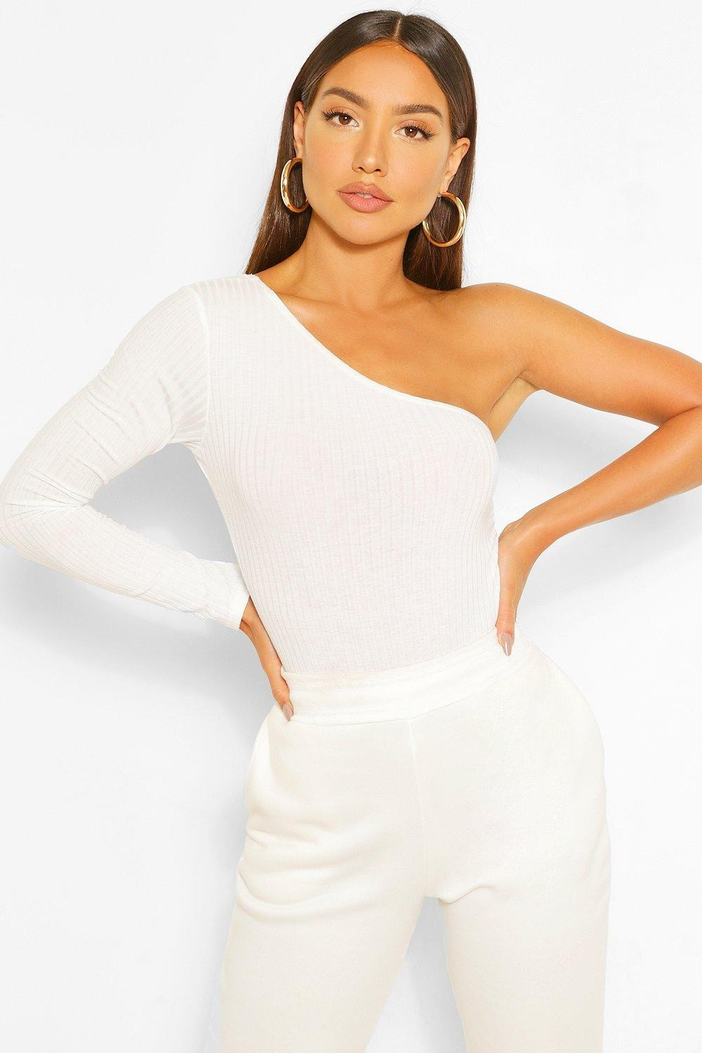 Womens One Shoulder Rib Knitted One Piece - Cream - L | Boohoo.com (US & CA)