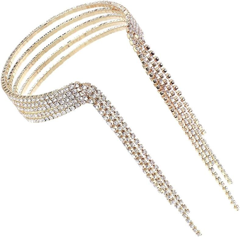 Rosemarie Collections Women's Multi-strand Flexible Wire Crystal Rhinestone Fringe Statement Cuff Br | Amazon (US)