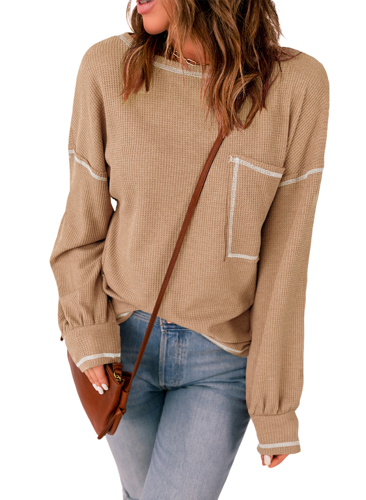 Dokotoo Women's Waffle Pocketed Tops Crew Neck Long Sleeve Blouse Tops Casual Loose Plain Blouses... | Walmart (US)