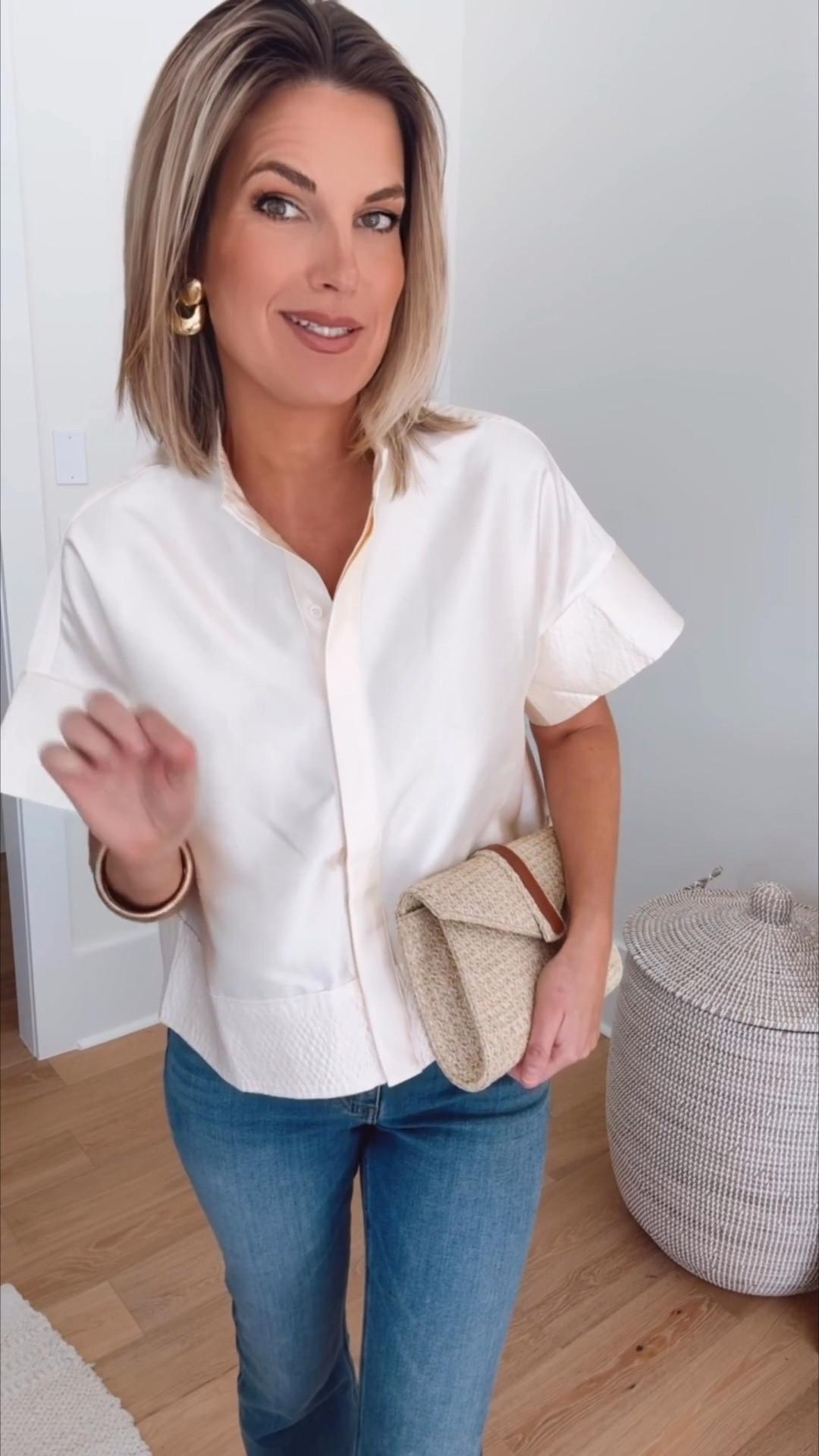 This pretty top is restocked! Wearing size small in the top and 28x32 in the denim. I am 5’11”. Shoes true to size.  

#LTKTall #LTKWorkwear #LTKOver40