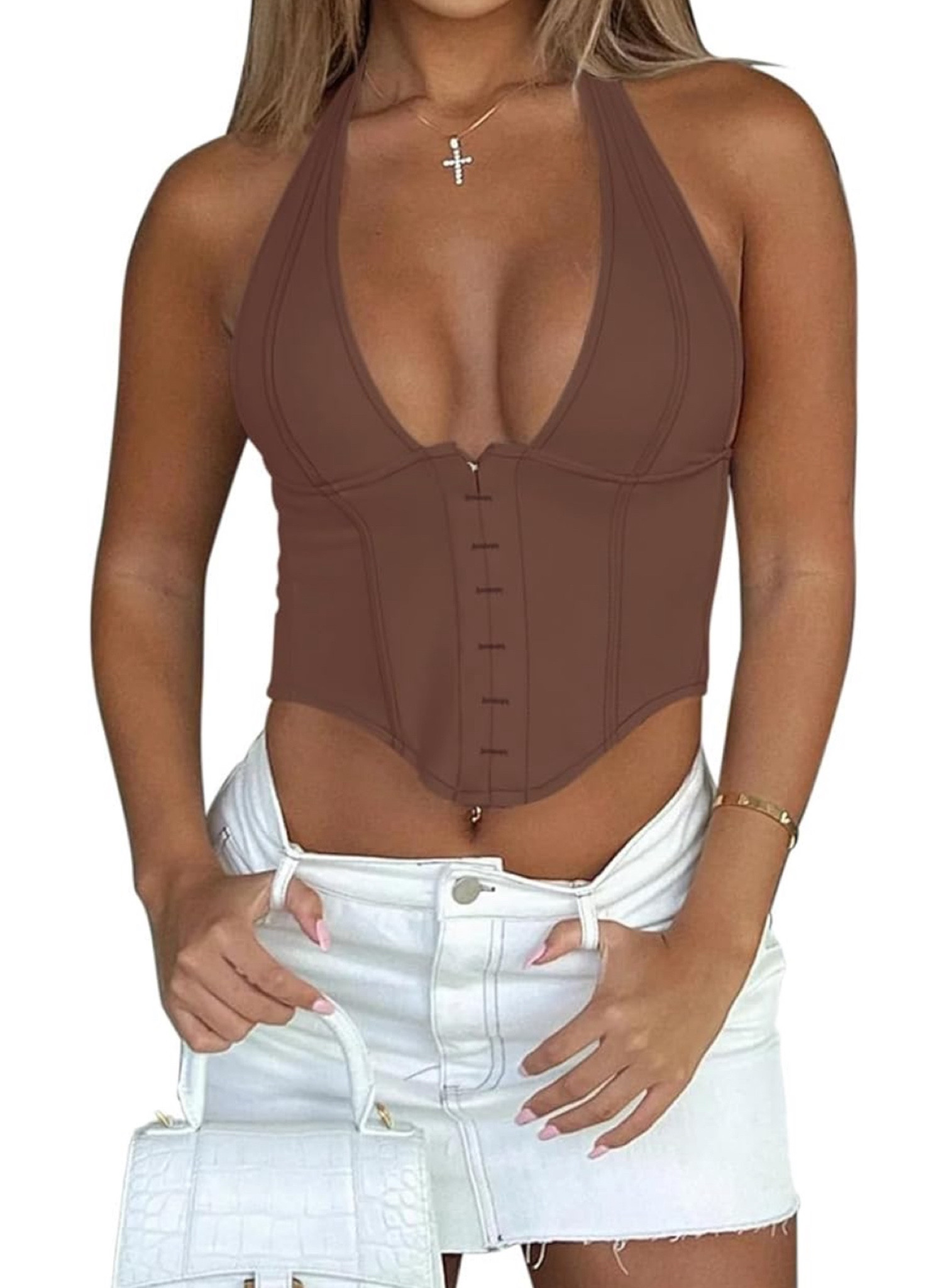 REORIA Women's Summer Sexy Halter V Neck Sleeveless Backless Trendy Y2k Going Out Corset Tank Crop Tops

#LTKStyleTip #LTKFindsUnder50