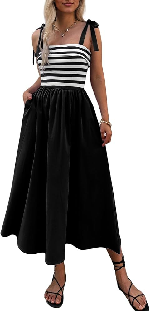 Women Summer Tie Spaghetti Strap Striped Dresses Sleeveless Stretch Flowy Maxi Sundress Beach Dre... | Amazon (US)