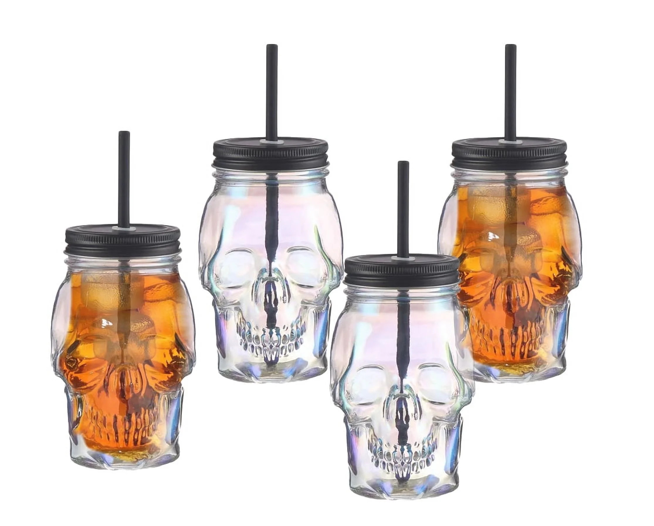 Iridescent 18 oz Glass Skull Sippers with Lids & Straws, Set of 4, by Way To Celebrate | Walmart (US)